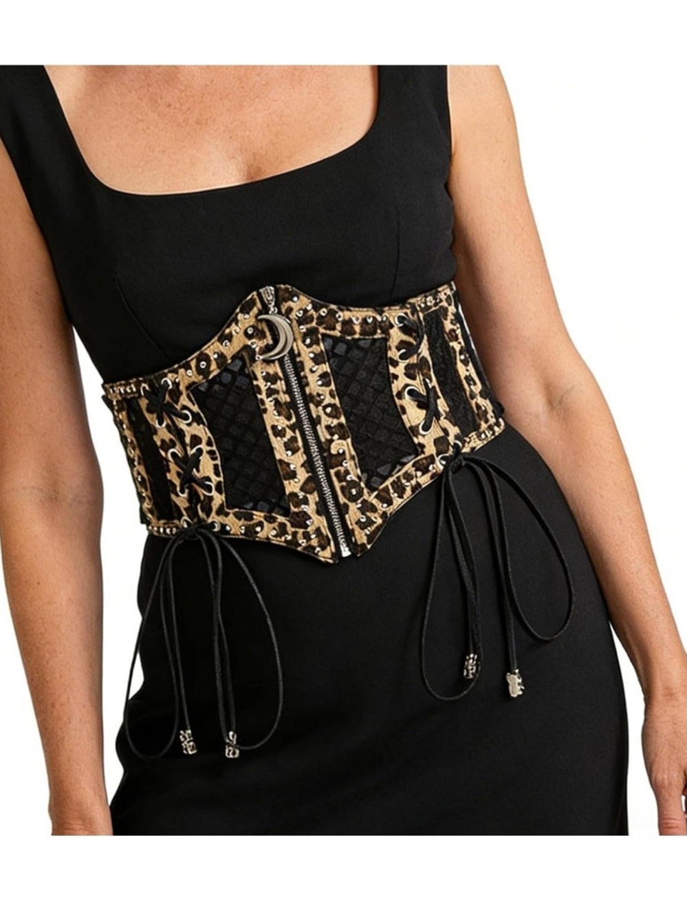 Wide Leopard-Accent Corset Belt in Black and Gold